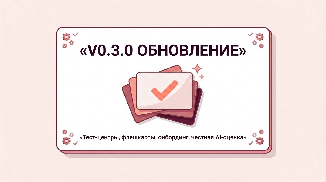 v0.3.0 Тест-центры, флешкарты, новый онбординг и честная AI-оценка